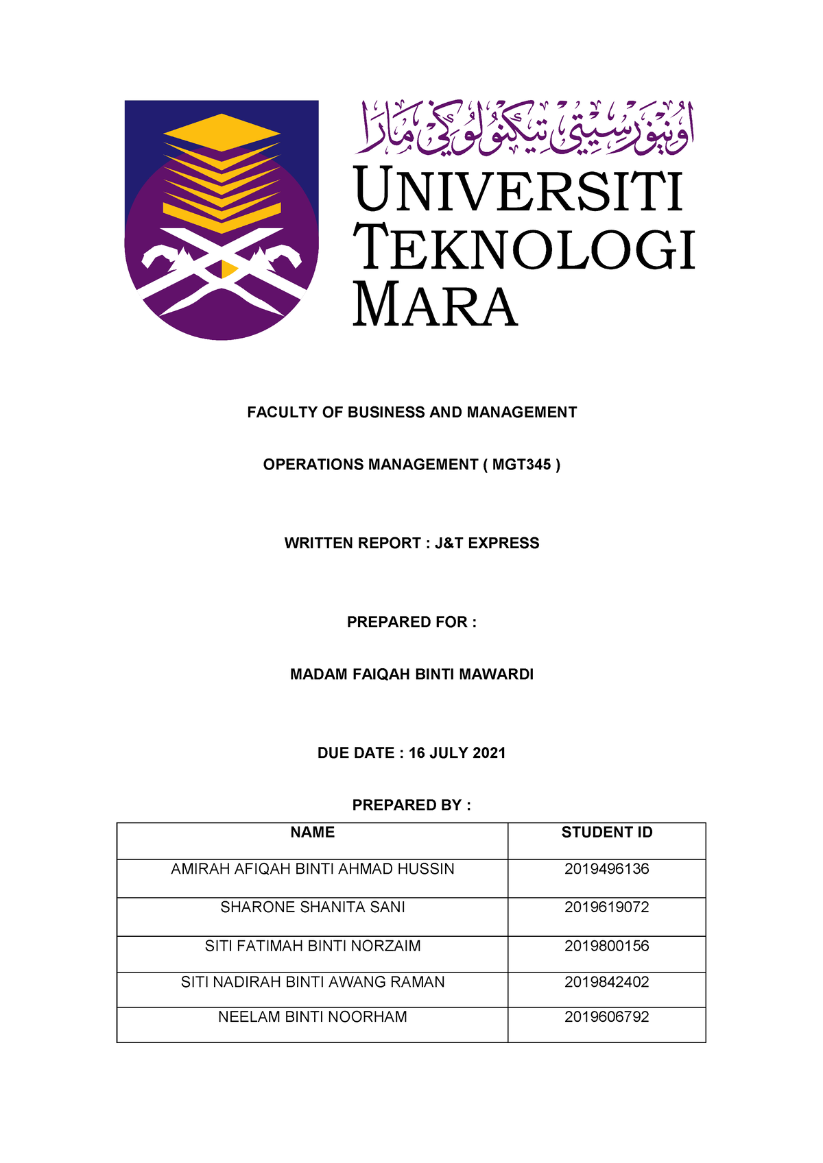 Written Report MGT345_Group Assignment - FACULTY OF BUSINESS AND ...