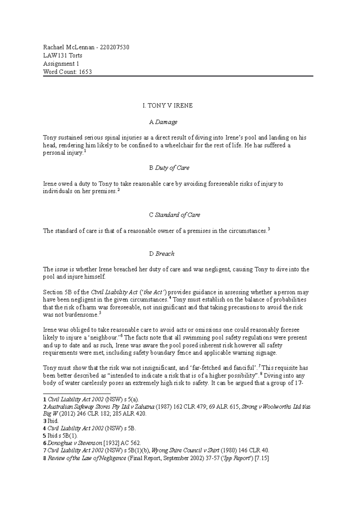 Duty of care assignment - LAW131 - UNE - Studocu