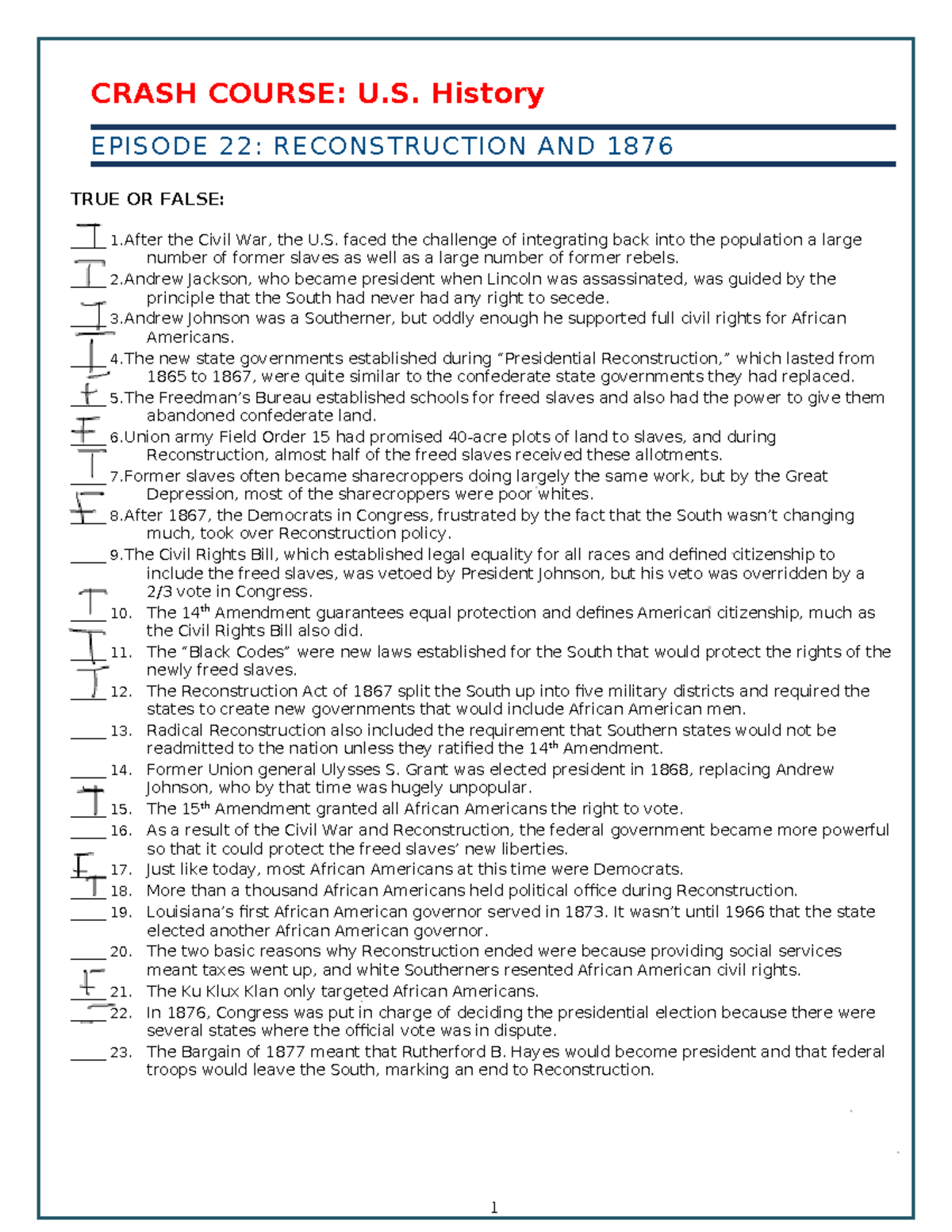 US Crashcourse Recon CRASH COURSE U. History EPISODE 22