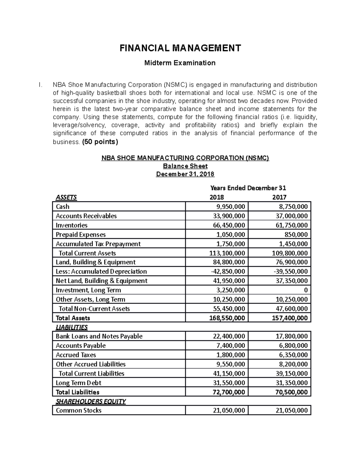 Midterm Exam for Fin Man - FINANCIAL MANAGEMENT Midterm Examination I ...