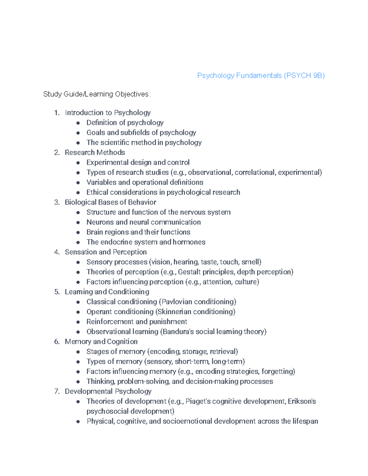 Psychology Fundamentals (PSYCH 9B) Learning Objectives Study Guide