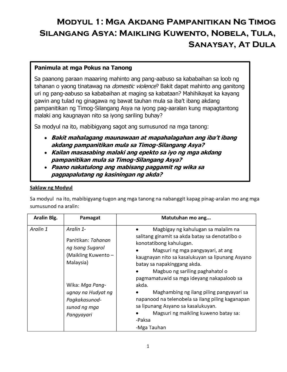 Module Modules Sa Fil Modyul Mga Akdang Pampanitikan Ng Timog