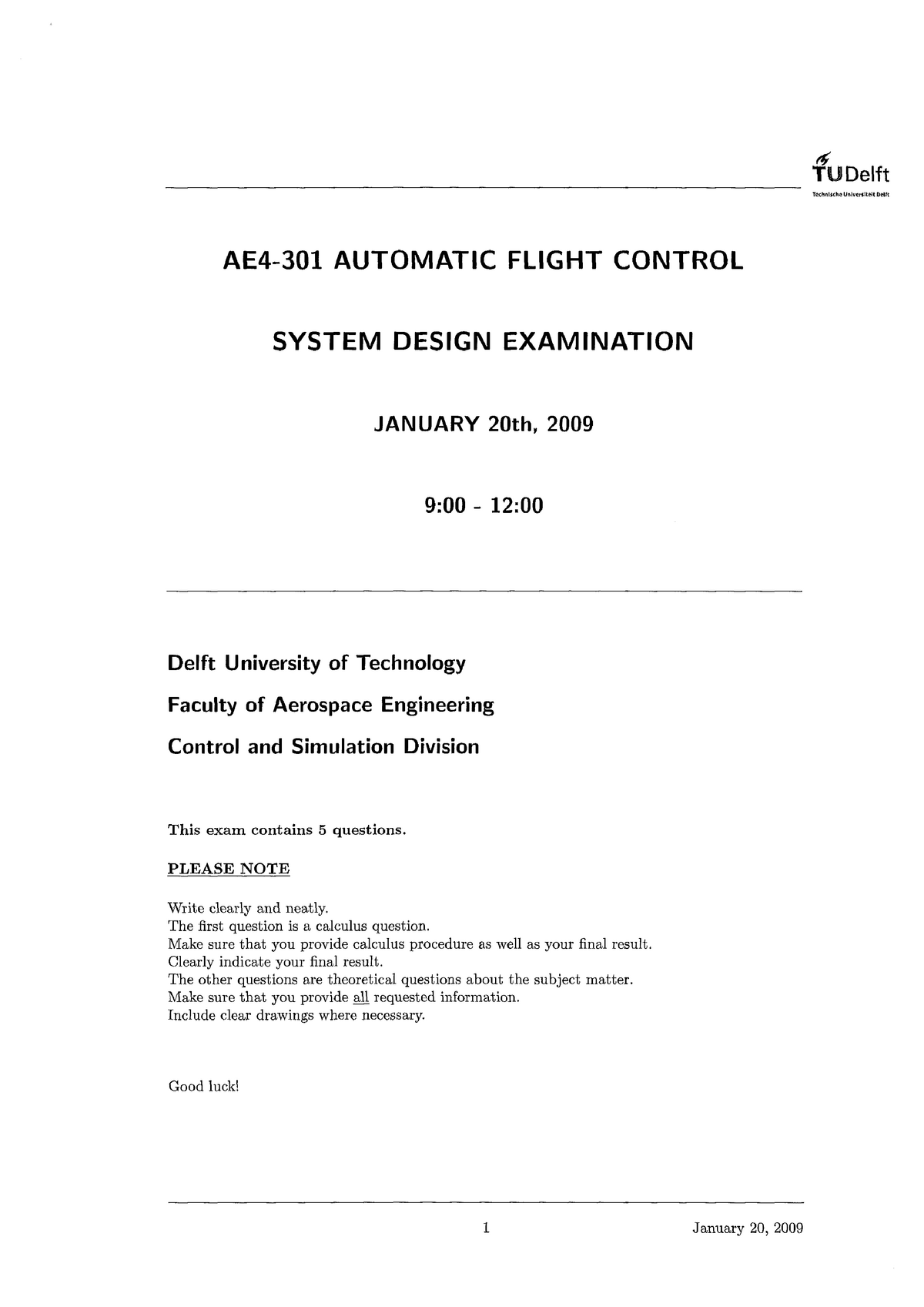 Tentamen April 2010, Vragen - Automatic Flight Control System Design ...