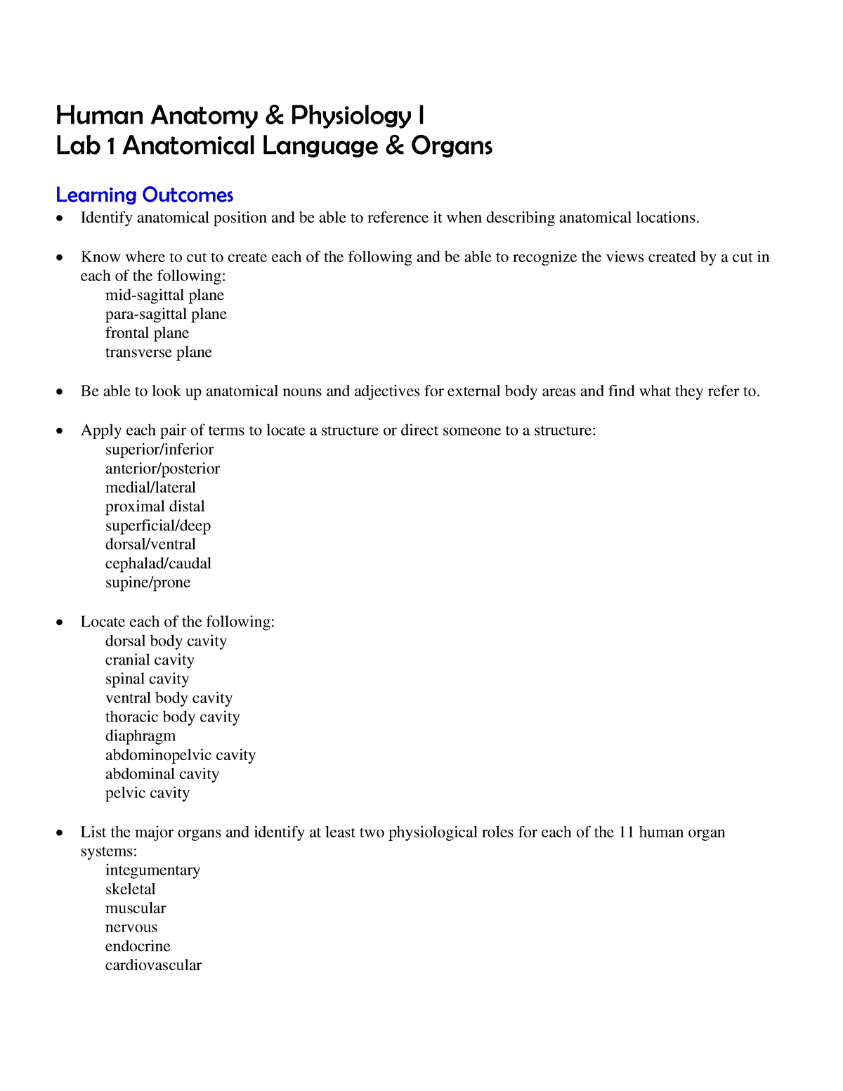 Anatomical Position and Planes, Human Anatomy and Physiology Lab (BSB 141)