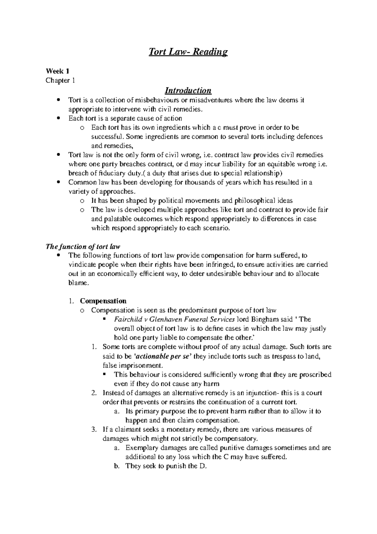 Tort Law Reading - Lecture Notes All - Tort Law- Reading Week 1 Chapter ...