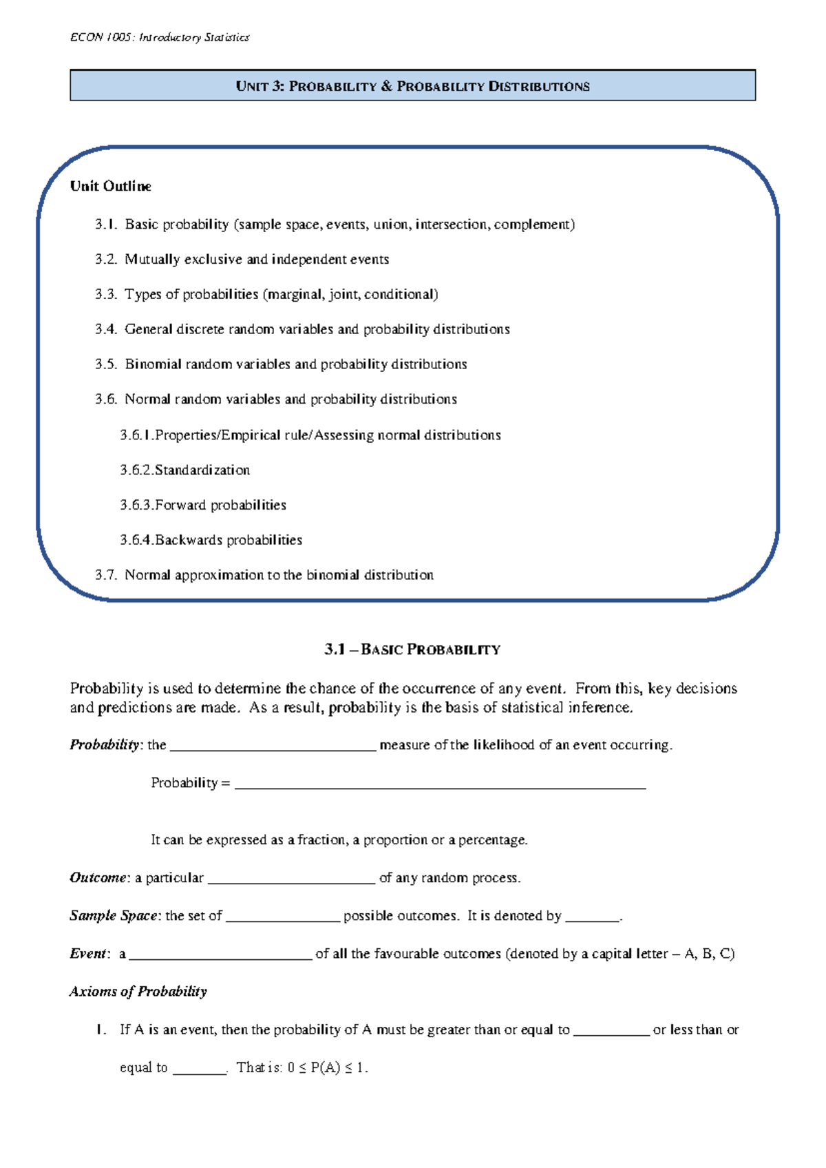 Probability and Probability Distributions - ECON 1005: Introductory ...