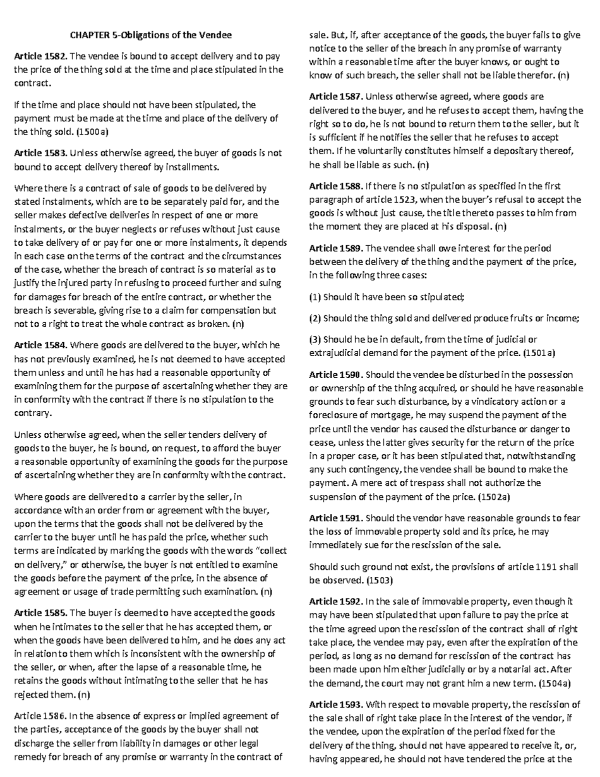 Chapter 5 NONE CHAPTER 5Obligations of the Vendee Article 1582