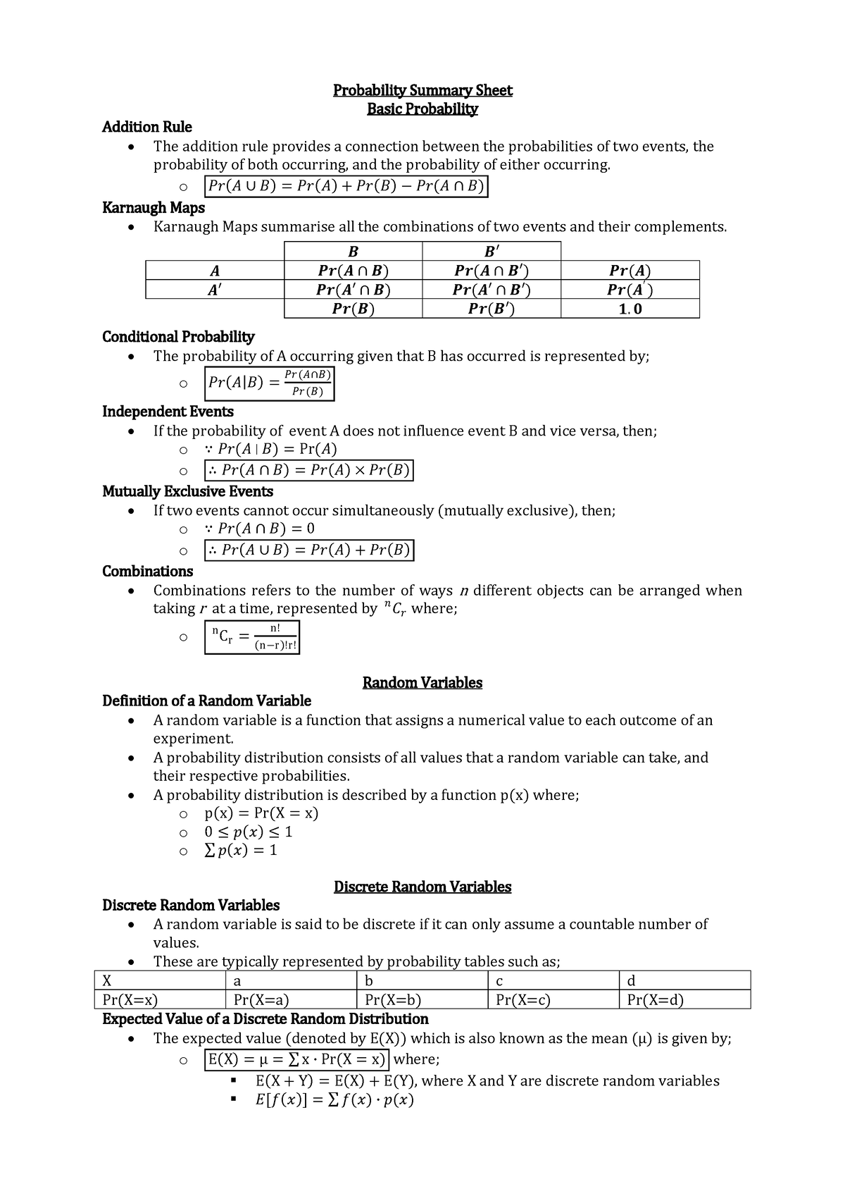 07 Probability Summary Sheet - Probability Summary Sheet Basic ...