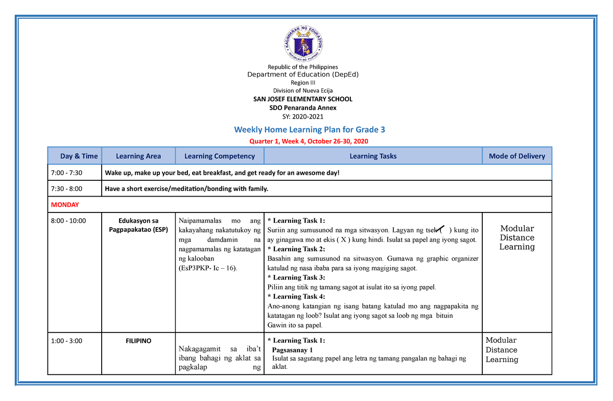 Whlp 3 Week 4 Weekly Home Learning Plan For Grade 3 Quarter 1 Week 4 October 26 30 4779