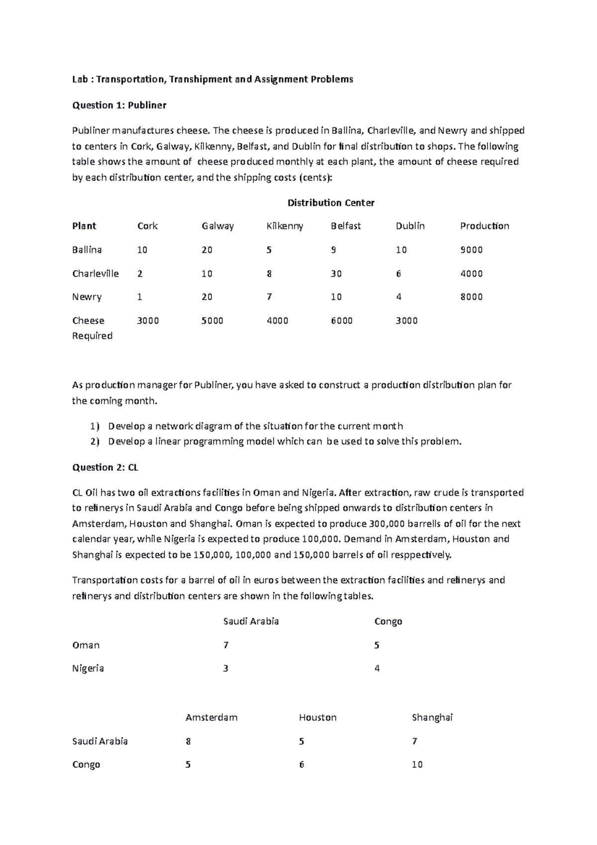 CAP650+-+Homework+-+Question+Sheet - Lab : Transportation, Transhipment ...