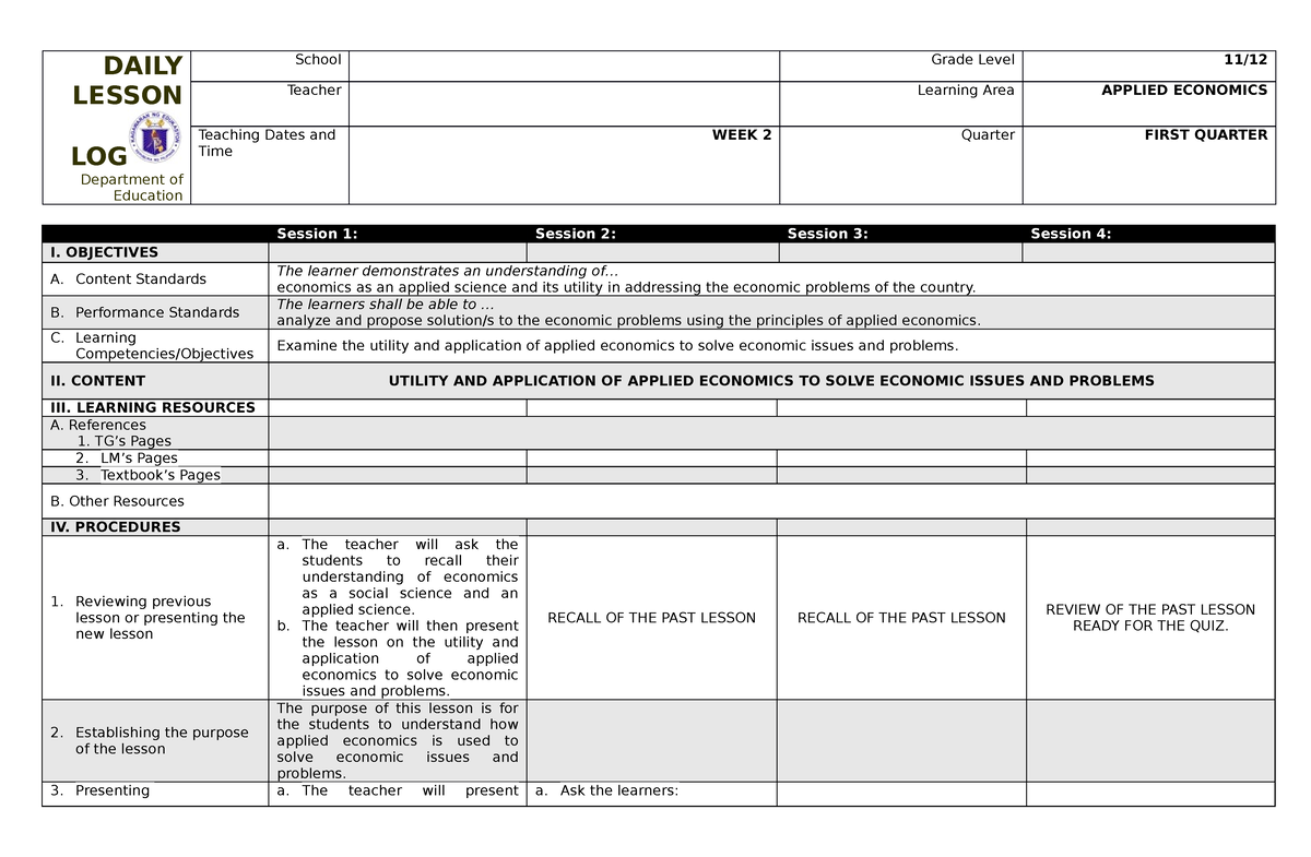 AE Q1 WEEK 2 - econ - DAILY LESSON LOG Department of Education School ...