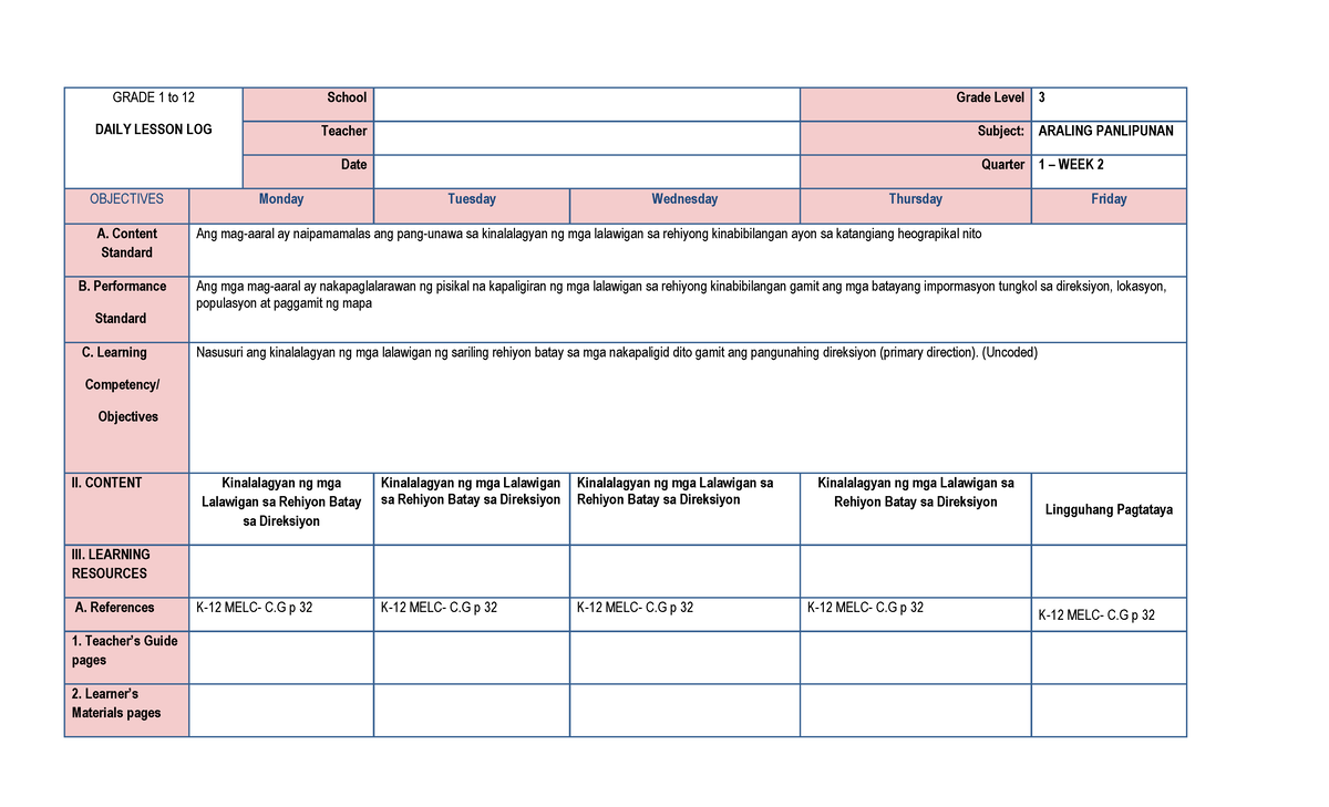 AP Q1 - W2 - dll - GRADE 1 to 12 DAILY LESSON LOG School Grade Level 3 ...