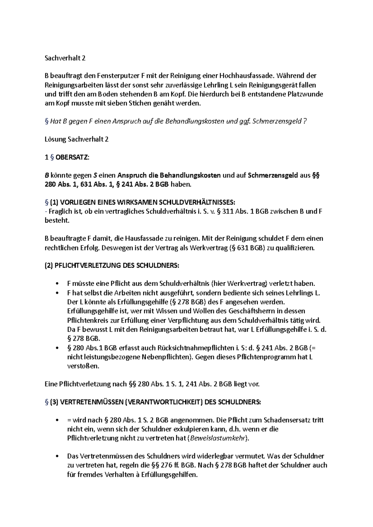 Schadensersatz + Schmerzensgeld Vorvertraglich - Sachverhalt 2 B ...