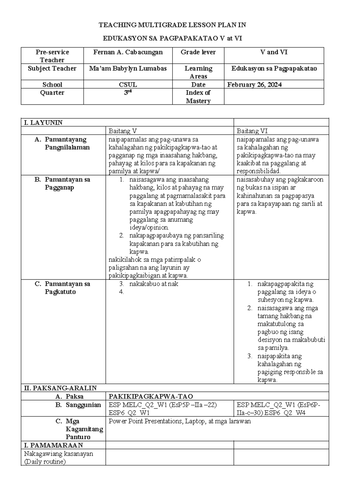 Multi Grade (Fernan) - TEACHING MULTIGRADE LESSON PLAN IN EDUKASYON SA ...
