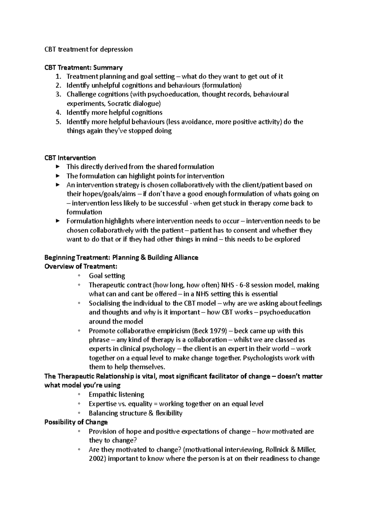 CBT Treatment For Depression Treatment Planning And Goal Setting