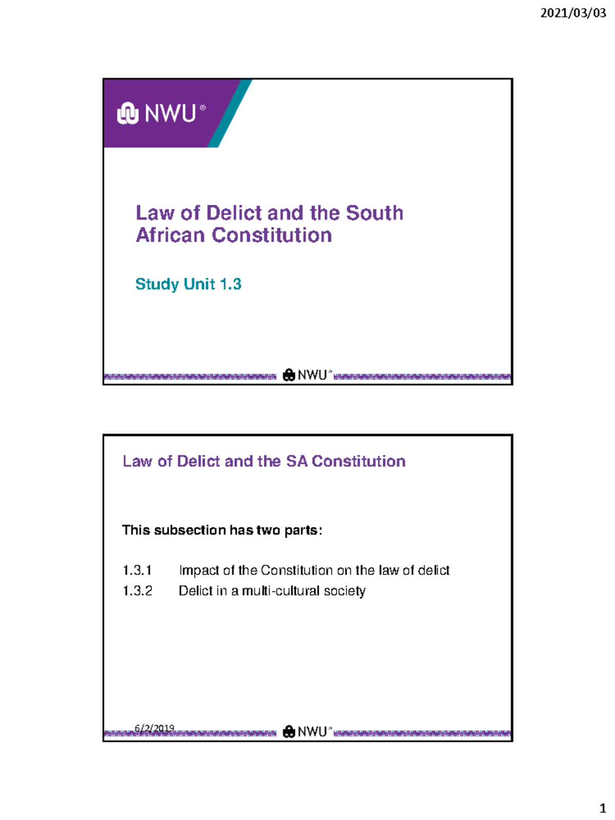 SU+1 - Lecture notes 1 - Law of Delict and the South African ...