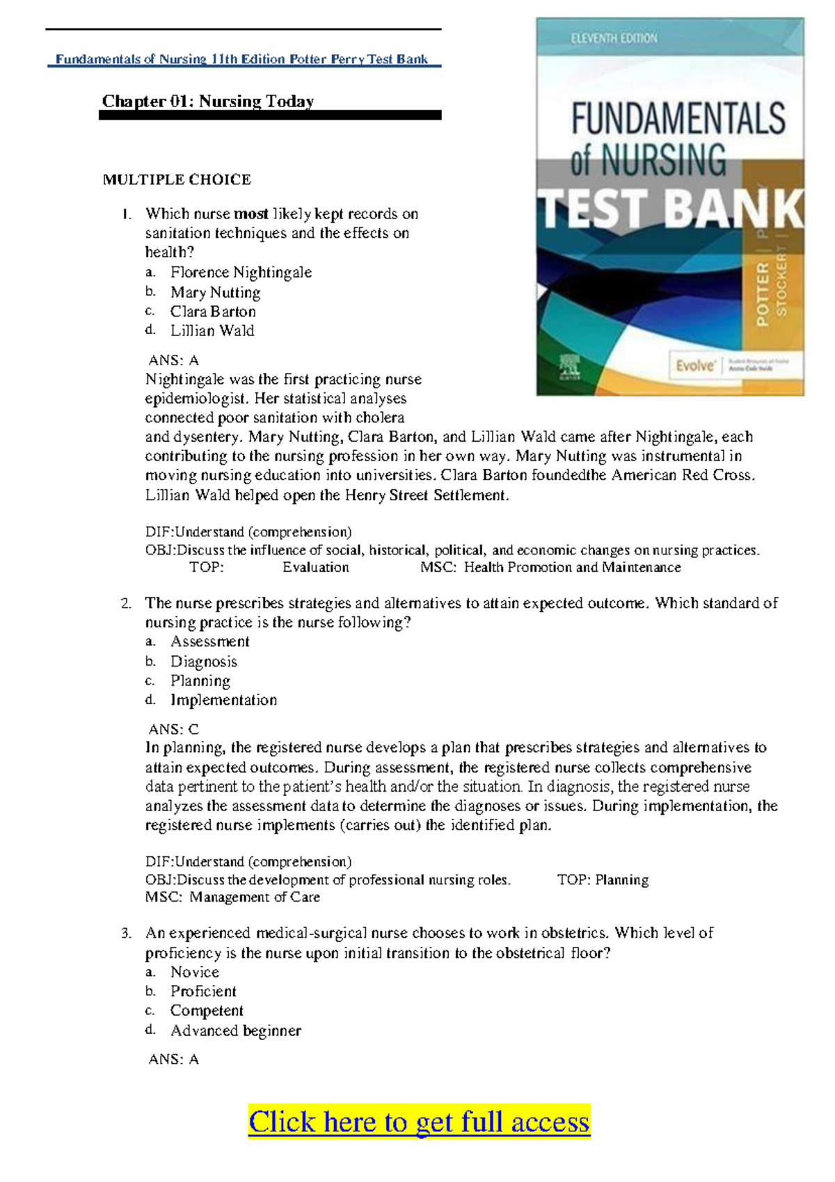 Test Bank For Fundamentals Of Nursing Th Edition Potter Perrytest