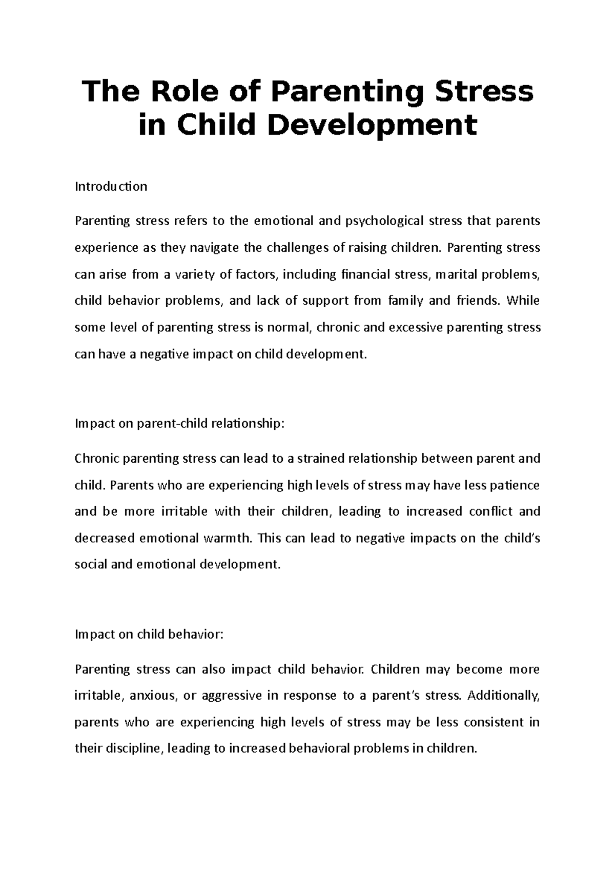 The Role of Parenting Stress in Child Development - The Role of ...