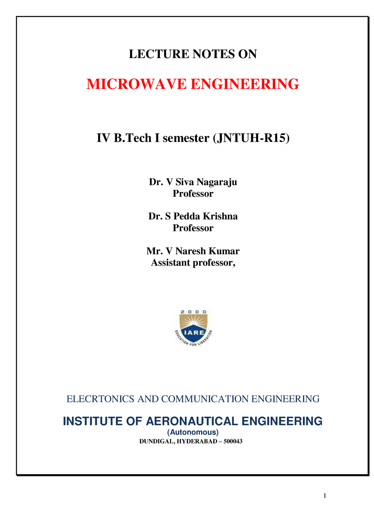 2. MWE Lecture Notes - LECTURE NOTES ON MICROWAVE ENGINEERING IV B I ...