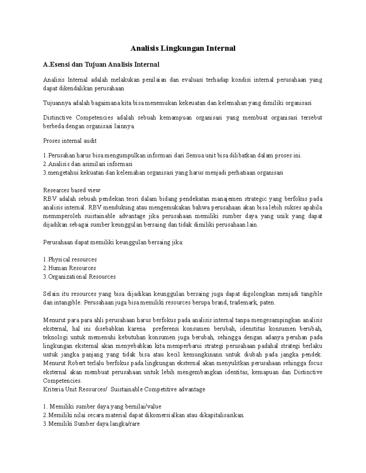 Summary Analisis Lingkungan Internal - Analisis Lingkungan Internal A ...