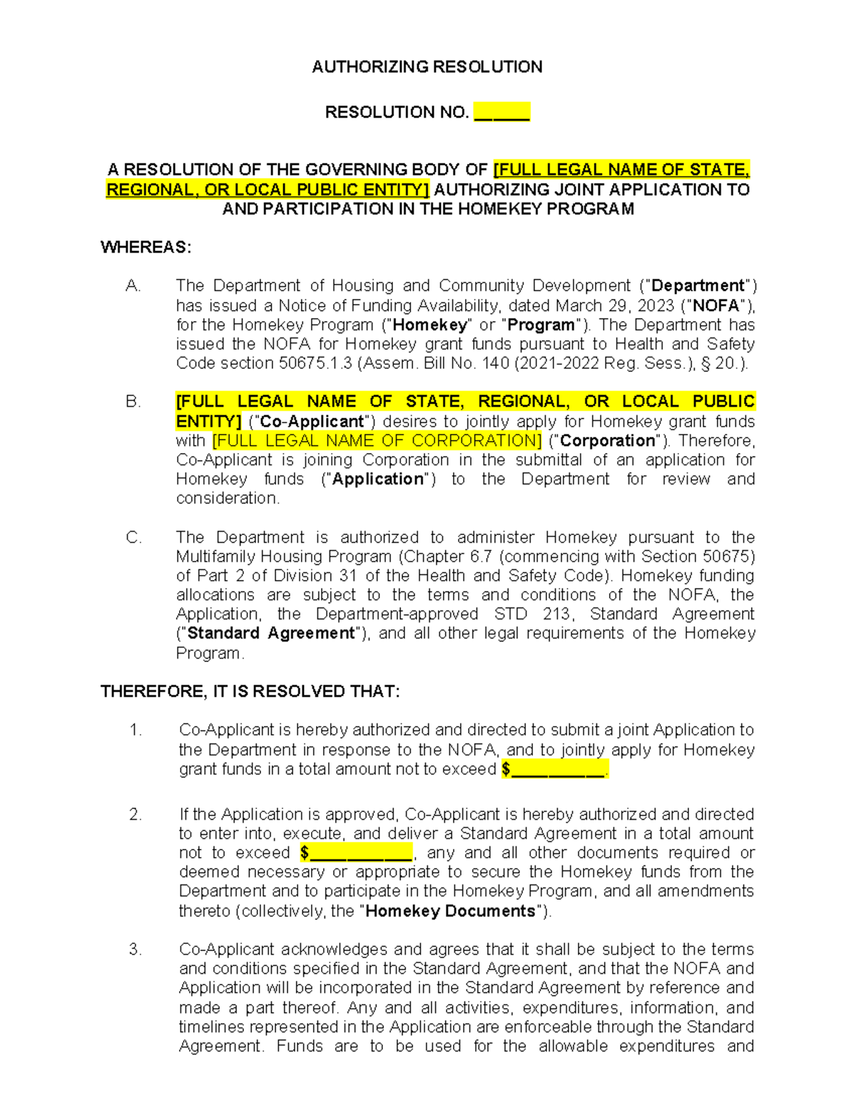 State regional or local public entity as joint applicant - AUTHORIZING ...