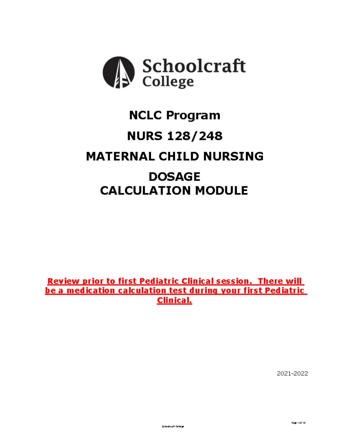 Maternal Child Dosage Calculation Module 20212022 with maintenance fluids NCLC Program NURS