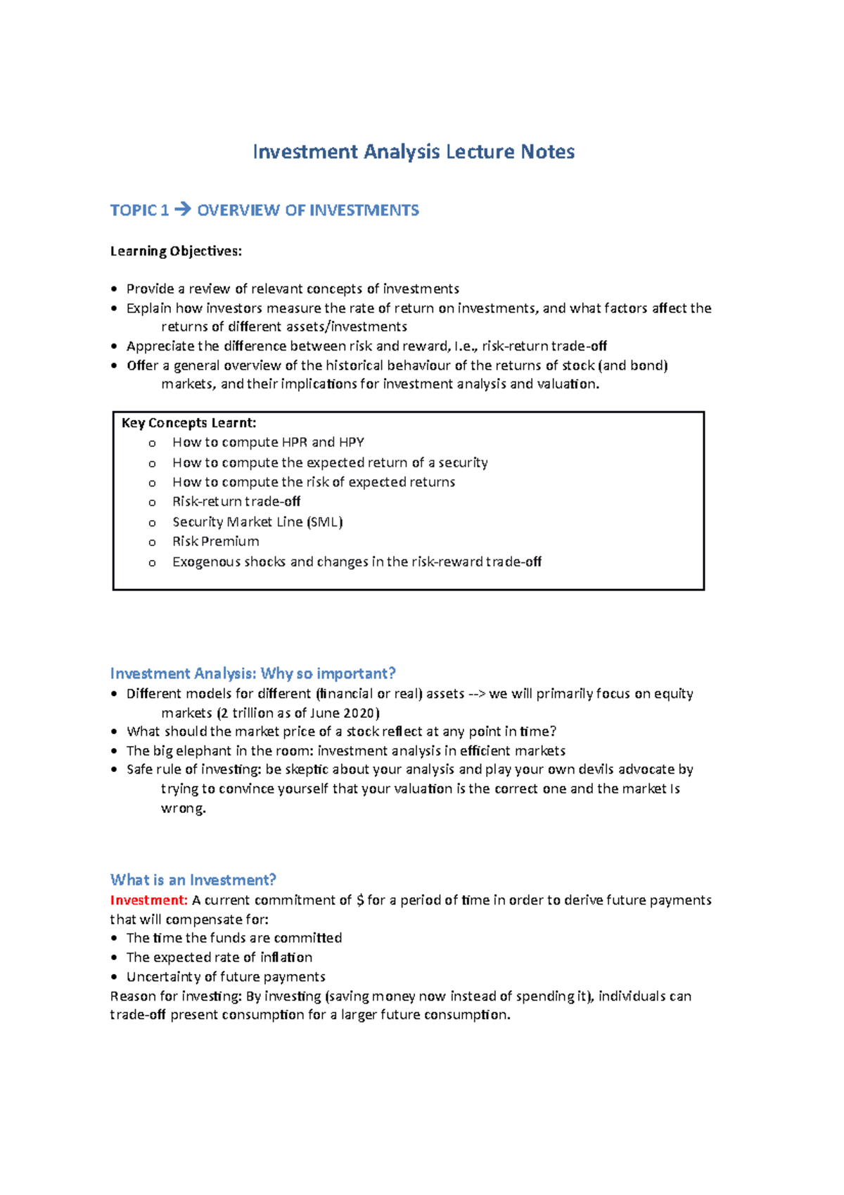 Investment Analysis Lecture Notes Risk Return Trade Of Ofer A Investment Analysis Lecture Notes Risk Return Trade Of Ofer A