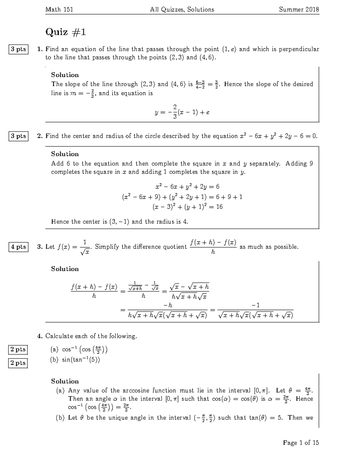 Su18all sols - Online worksheet - Quiz 3 pts 1 an equation of the line ...