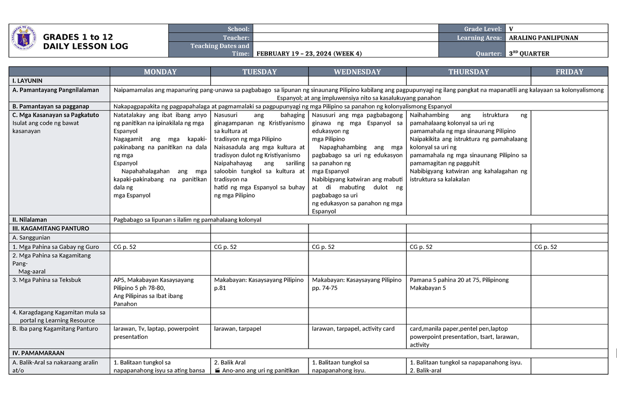 Dll Araling Panlipunan 5 Q3 W4 Grades 1 To 12 Daily Lesson Log School Grade Level V Teacher 9719