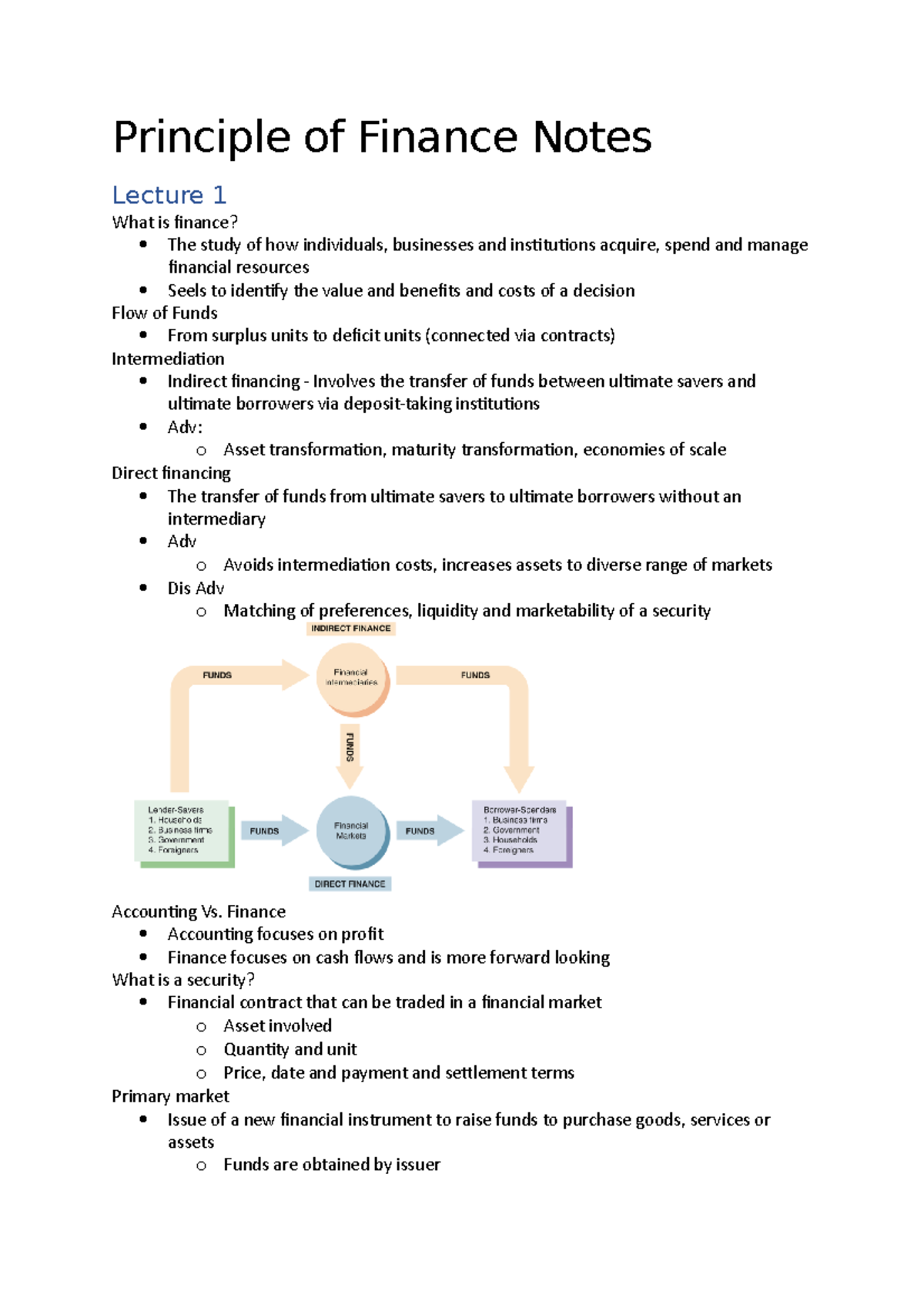 Principle Of Finance Notes Finance Accounting Focuses On Profit Finance Focuses On Cash Flows And Studocu