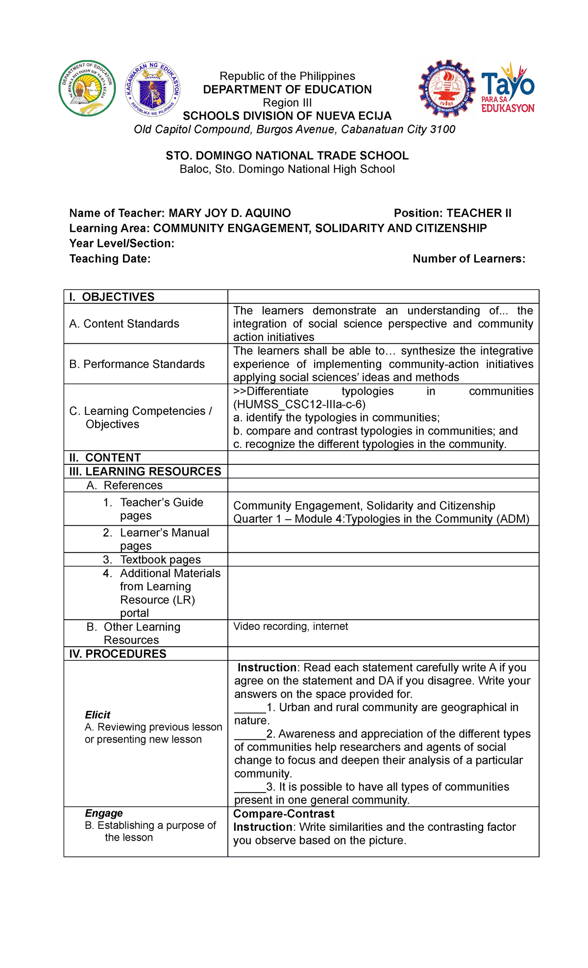 Lesson-PLAN-CESC M Aquino - TRF - Republic of the Philippines ...