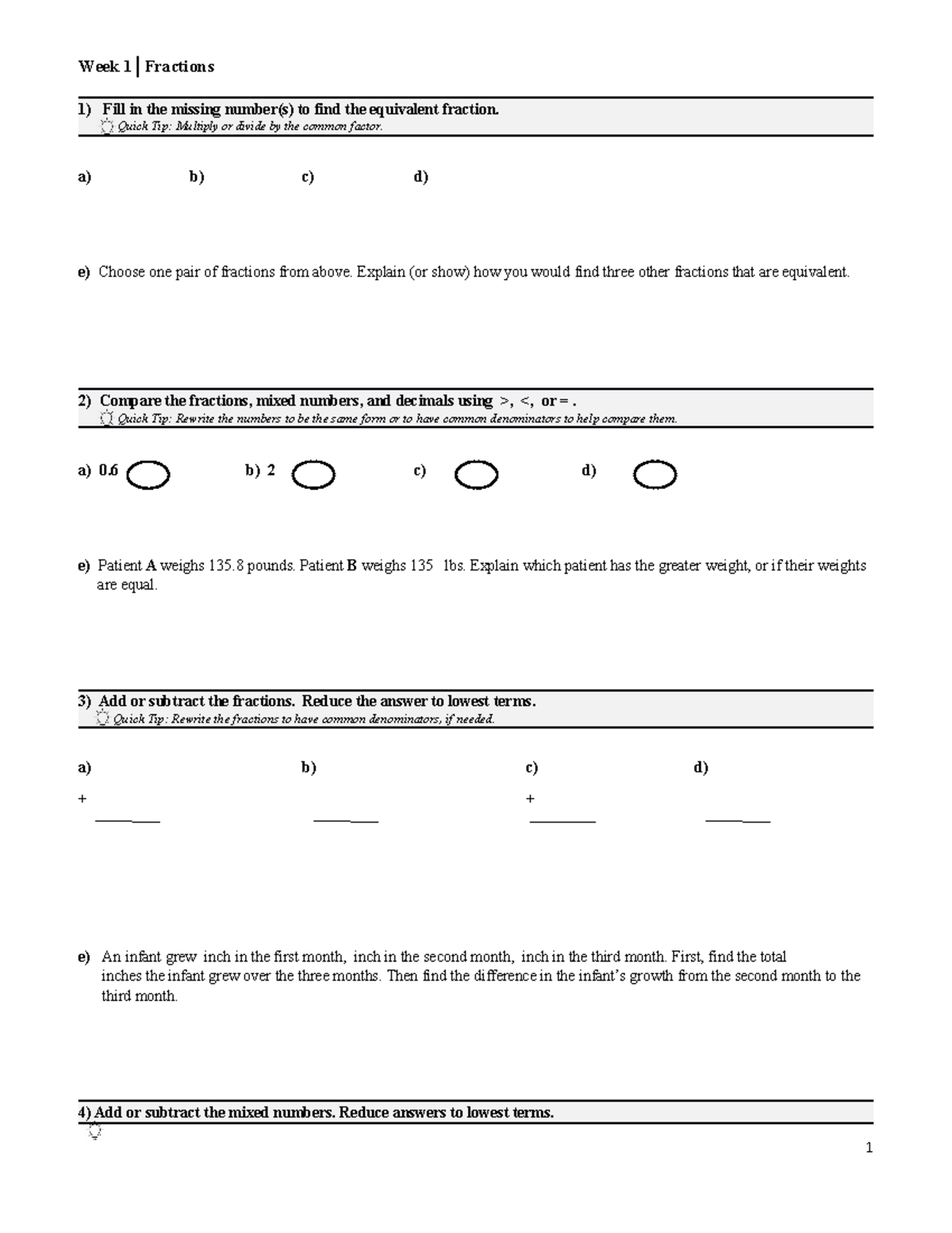 WK01 Fractions Worksheet - Week 1│Fractions Fill in the missing number ...