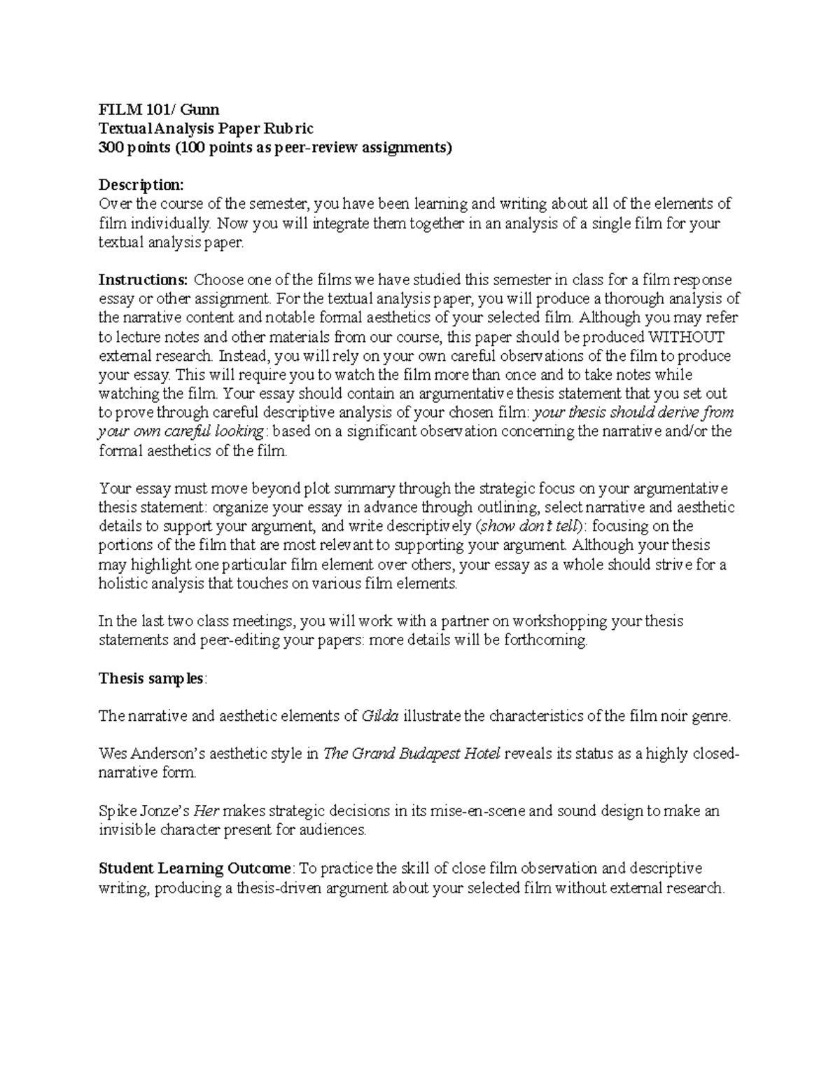 Textual analysis rubric - FILM 101/ Gunn Textual Analysis Paper Rubric ...