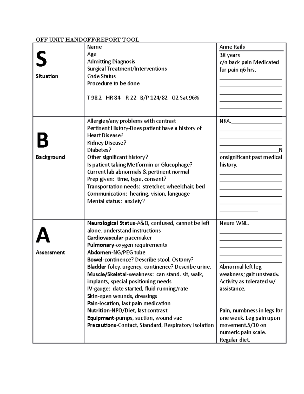 ATI - Anne Rails SBAR - OFF UNIT HANDOFF/REPORT TOOL S Situation Name ...