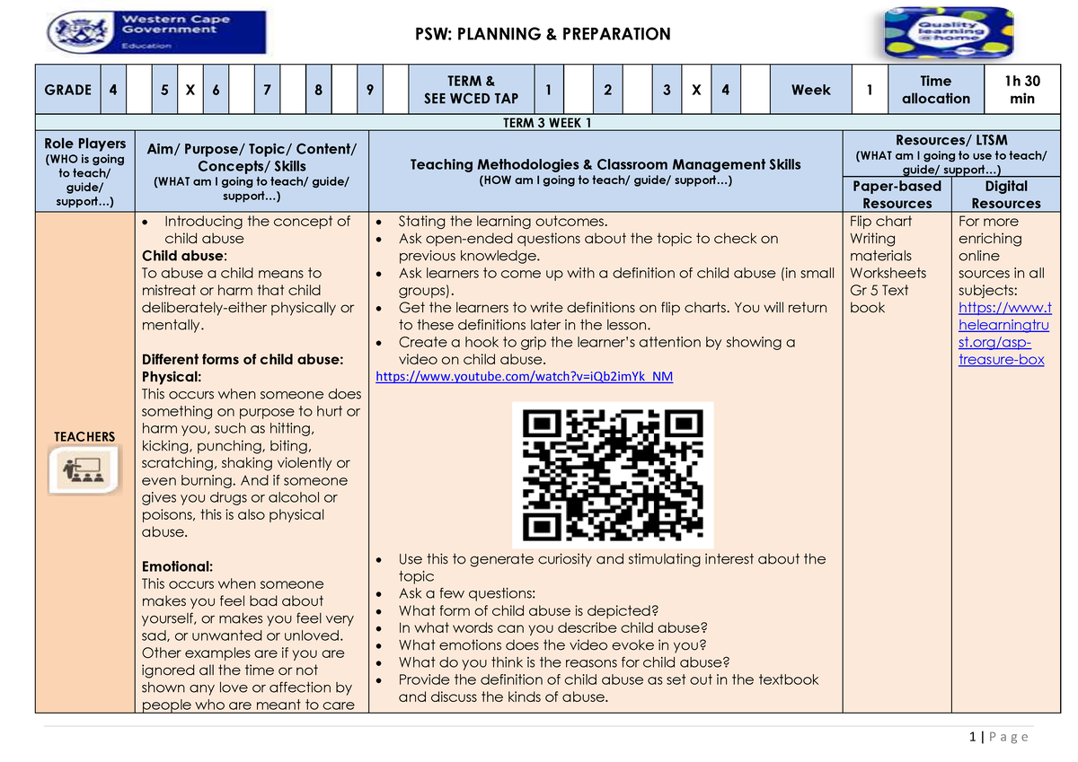 Lesson Plan Gr Life Skills Psw T W Psw Planning Preparation Grade X Term