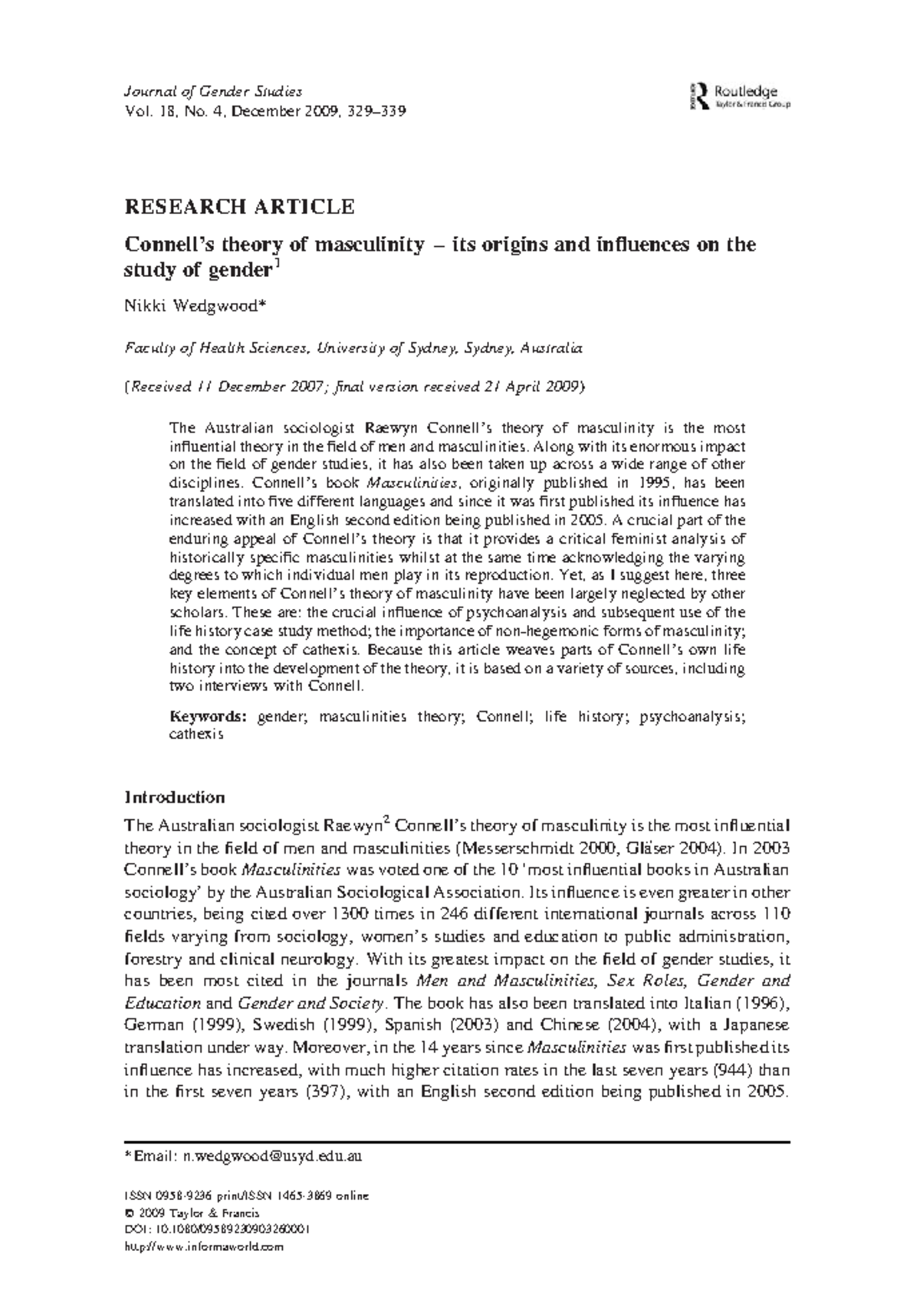 La théorie de la masculinité par Connell - Journal of Gender Studies ...