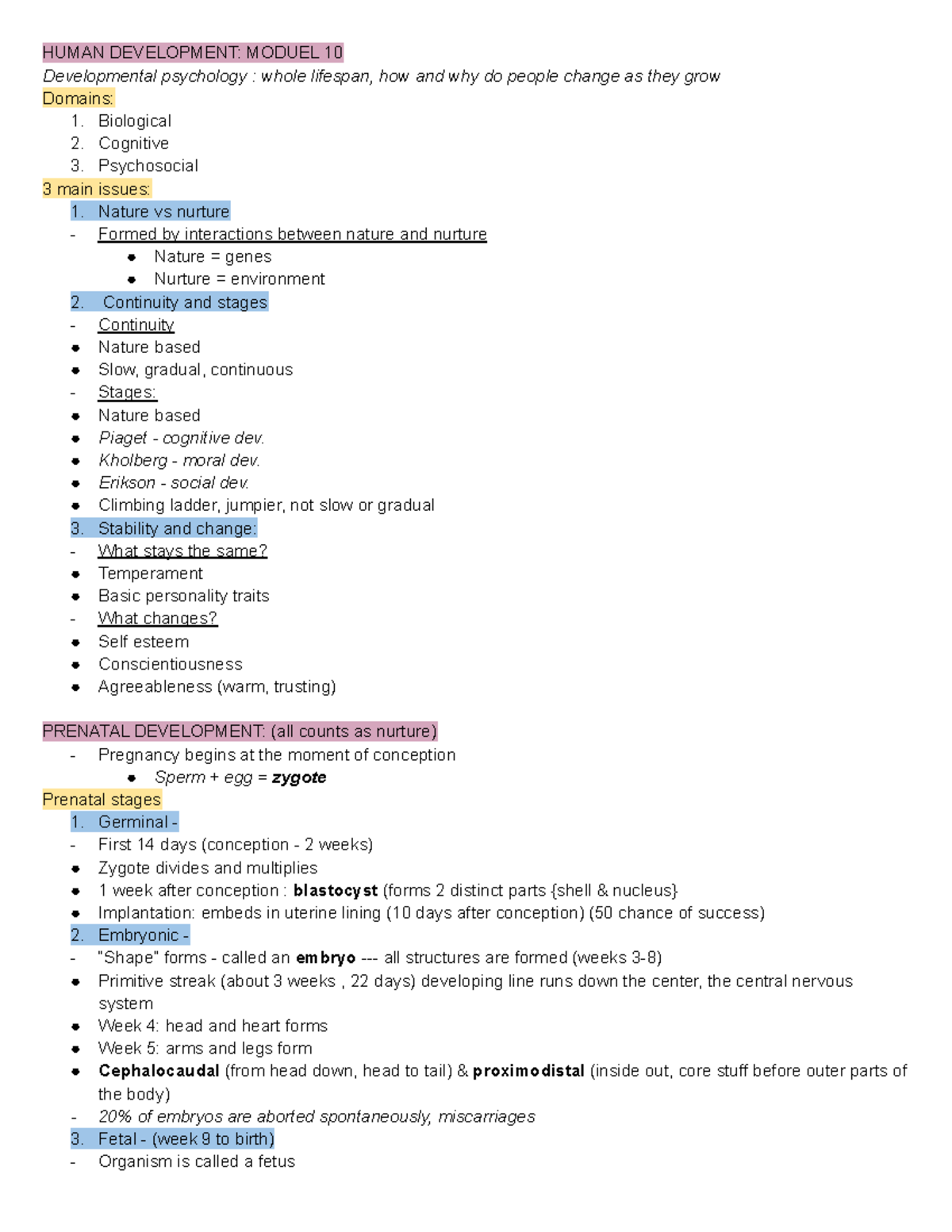 Psychology 100 Notes EXAM 2 HUMAN DEVELOPMENT MODUEL 10