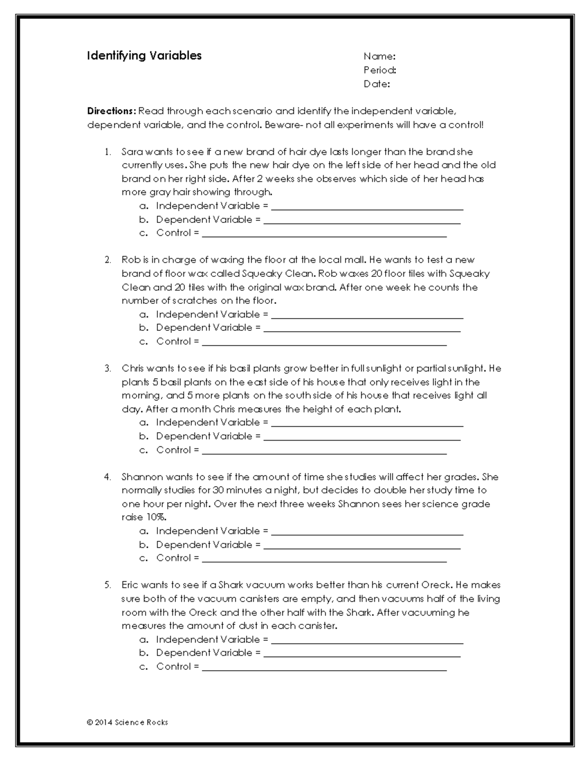 Identifying Variables Worksheet Identifying Variables Name Period Date Directions Read