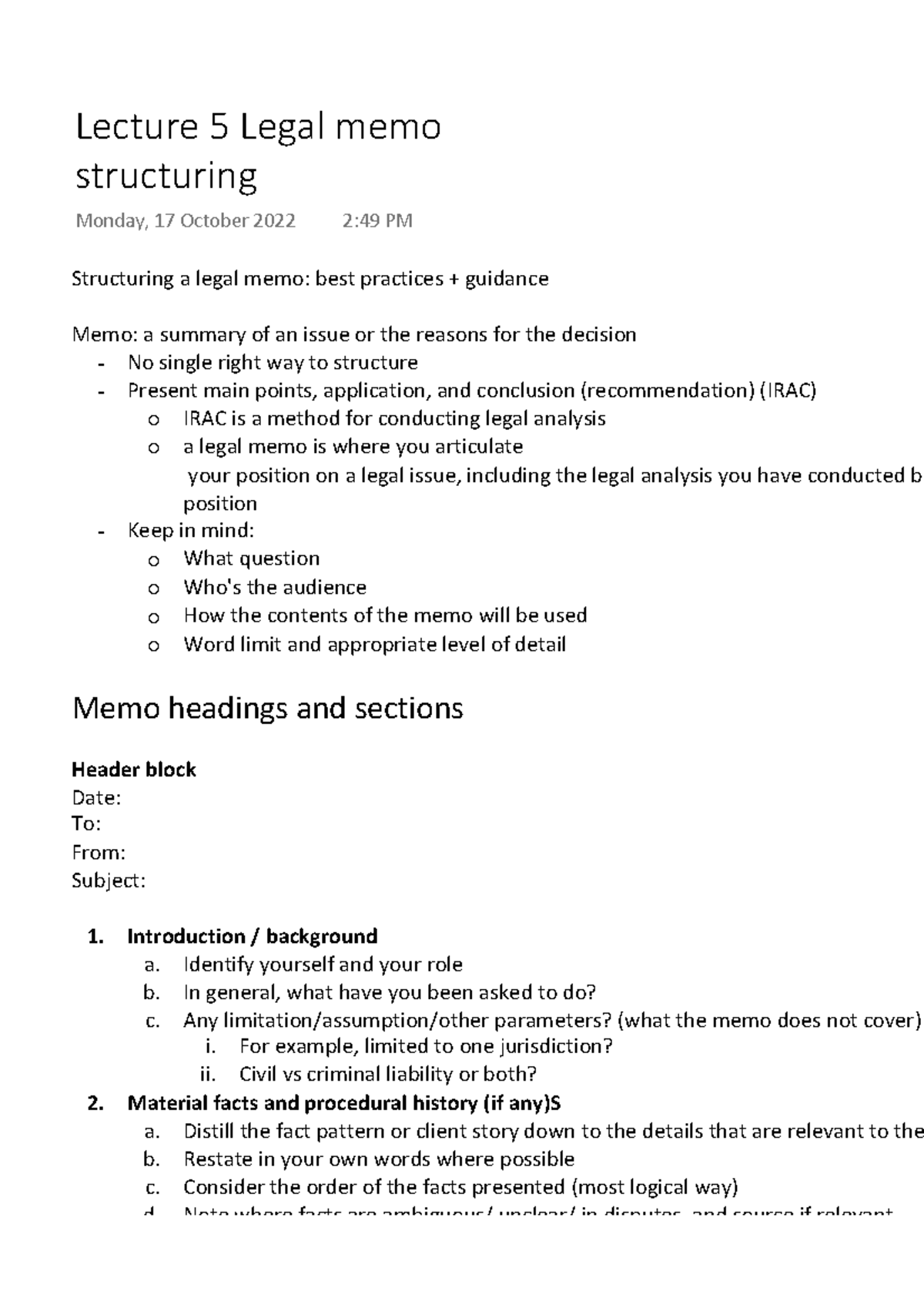 Lecture 5 Legal memo structuring Structuring a legal memo best