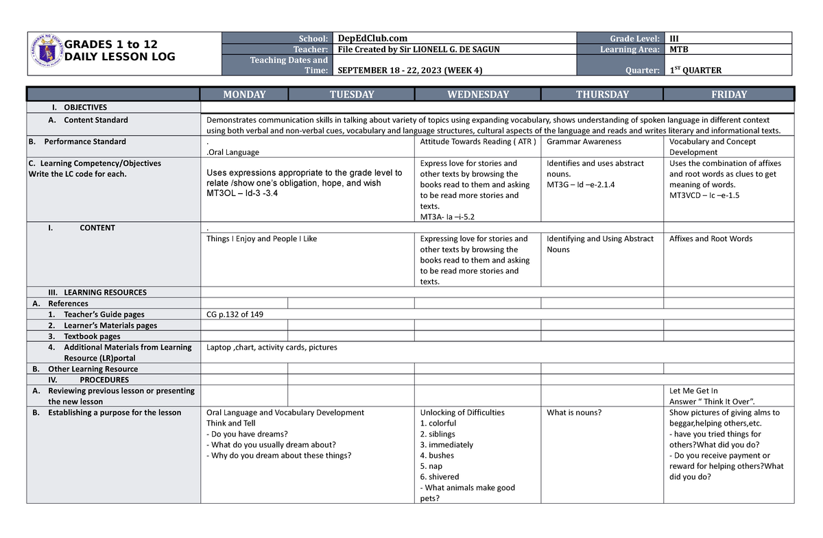 DLL MTB 3 Q1 W4 - dll - GRADES 1 to 12 DAILY LESSON LOG School ...