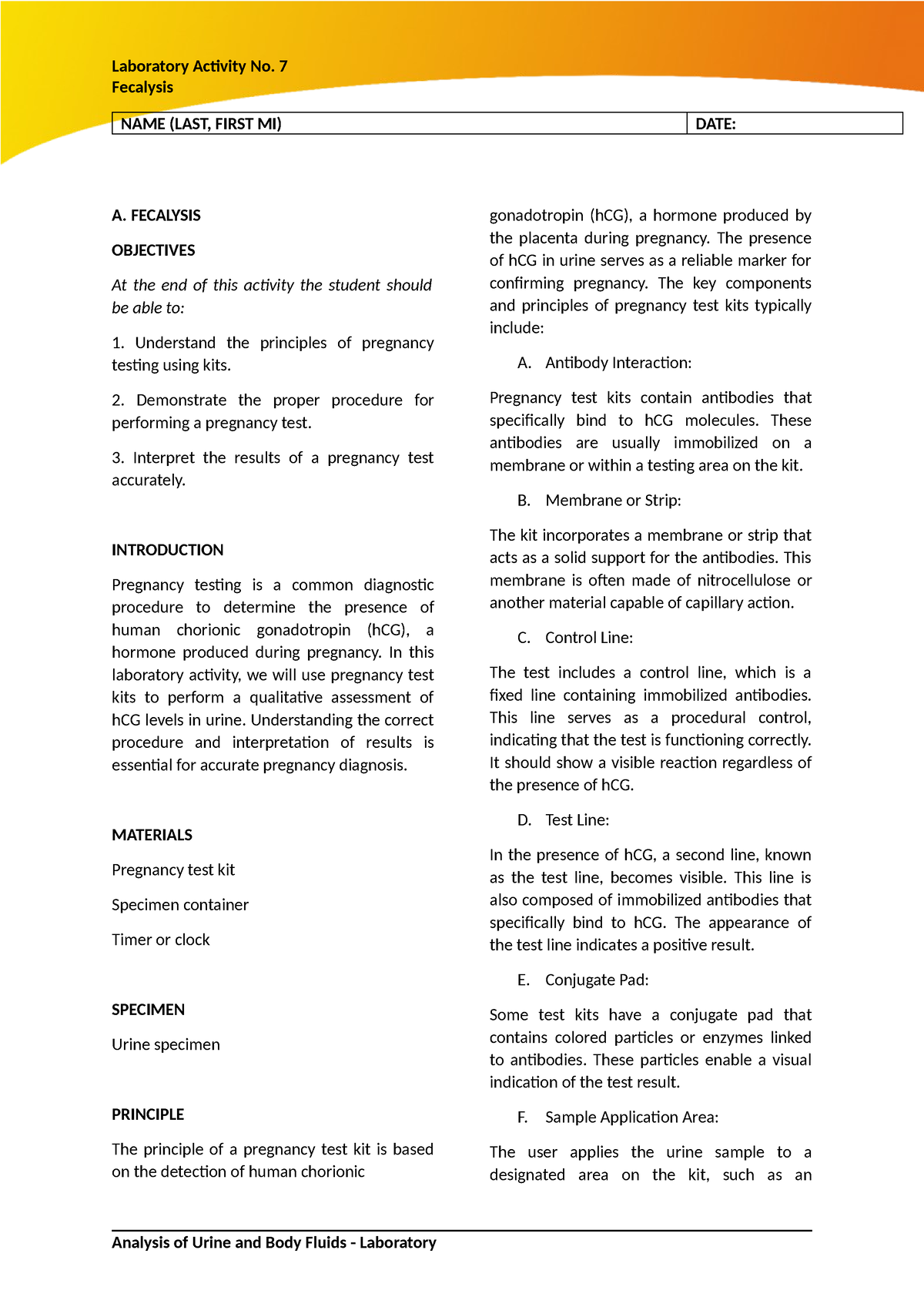 AUBF Lab Activity 7 - FECALYSIS - Laboratory Activity No. 7 Fecalysis ...