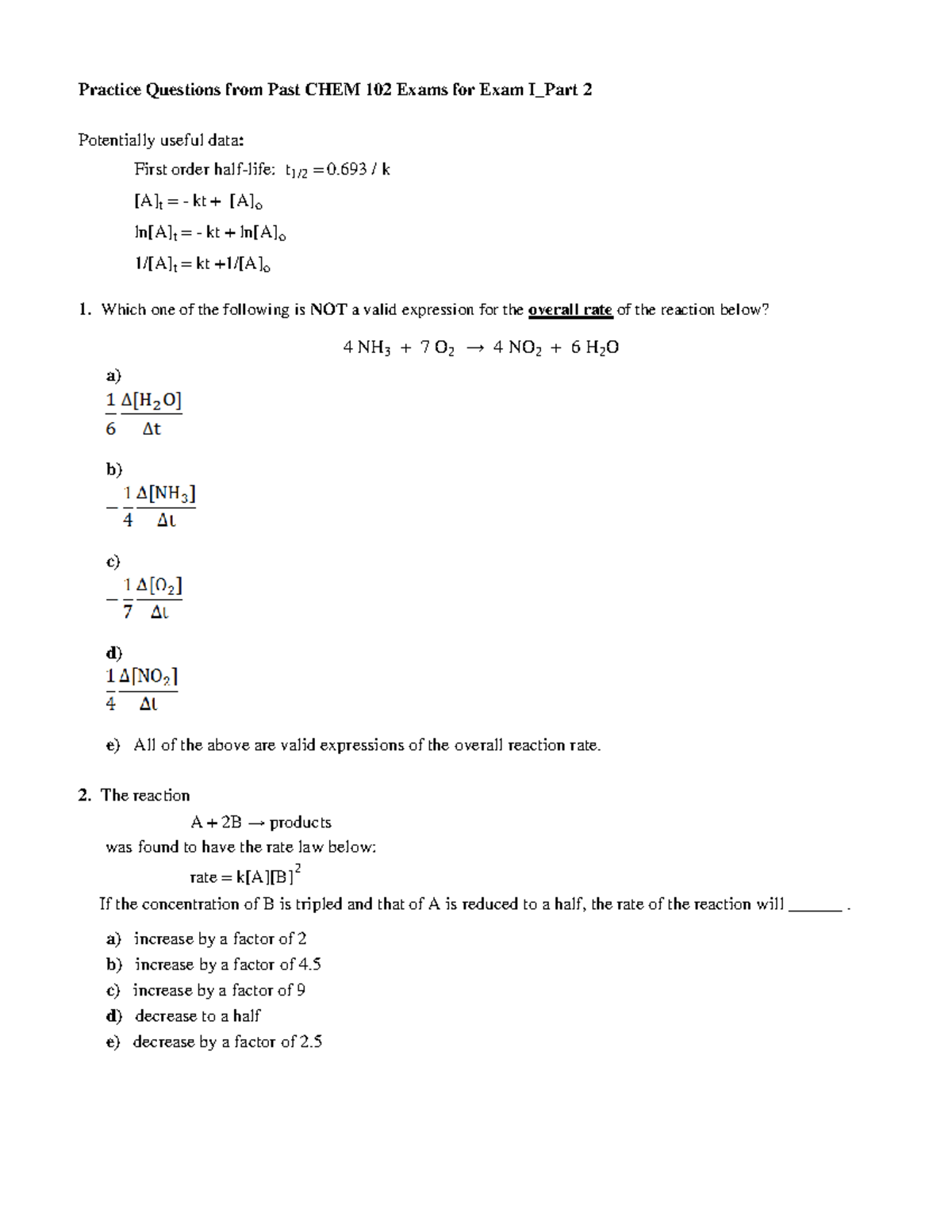 Practice Questions Exam I Chem 102 Part 2 Winter 2022 - Practice ...