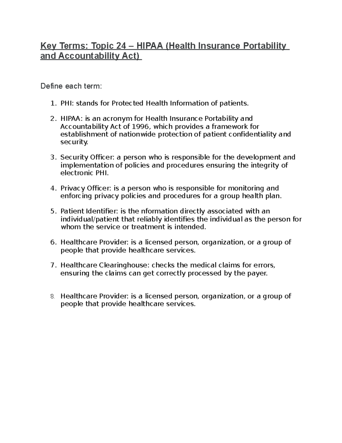 Key Terms SOS Topic 24 - Key Terms: Topic 24 – HIPAA (Health Insurance ...