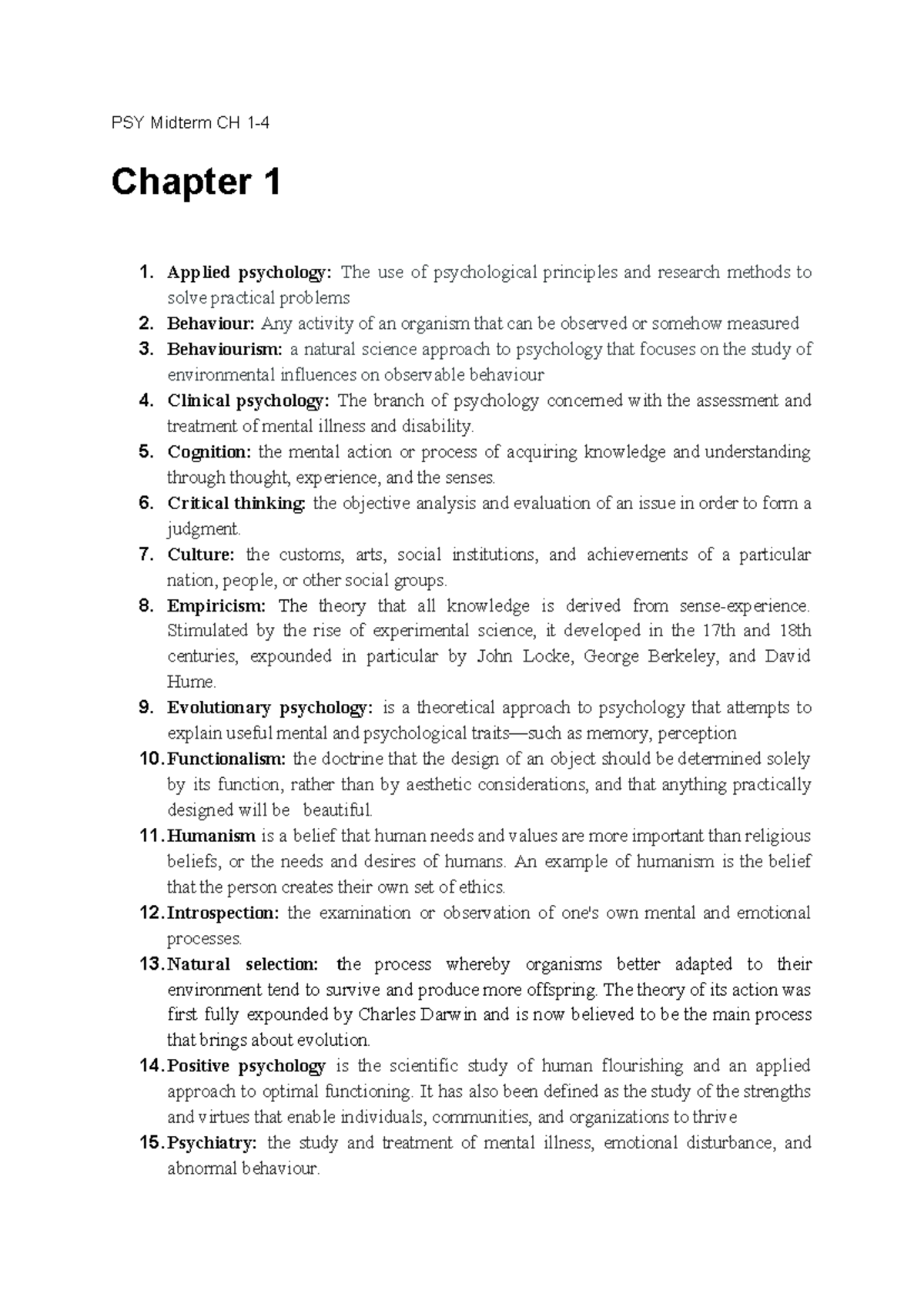 PSYC Midterm #1 Ch 1-4 - PSY Midterm CH 1- Chapter 1 1. Applied ...