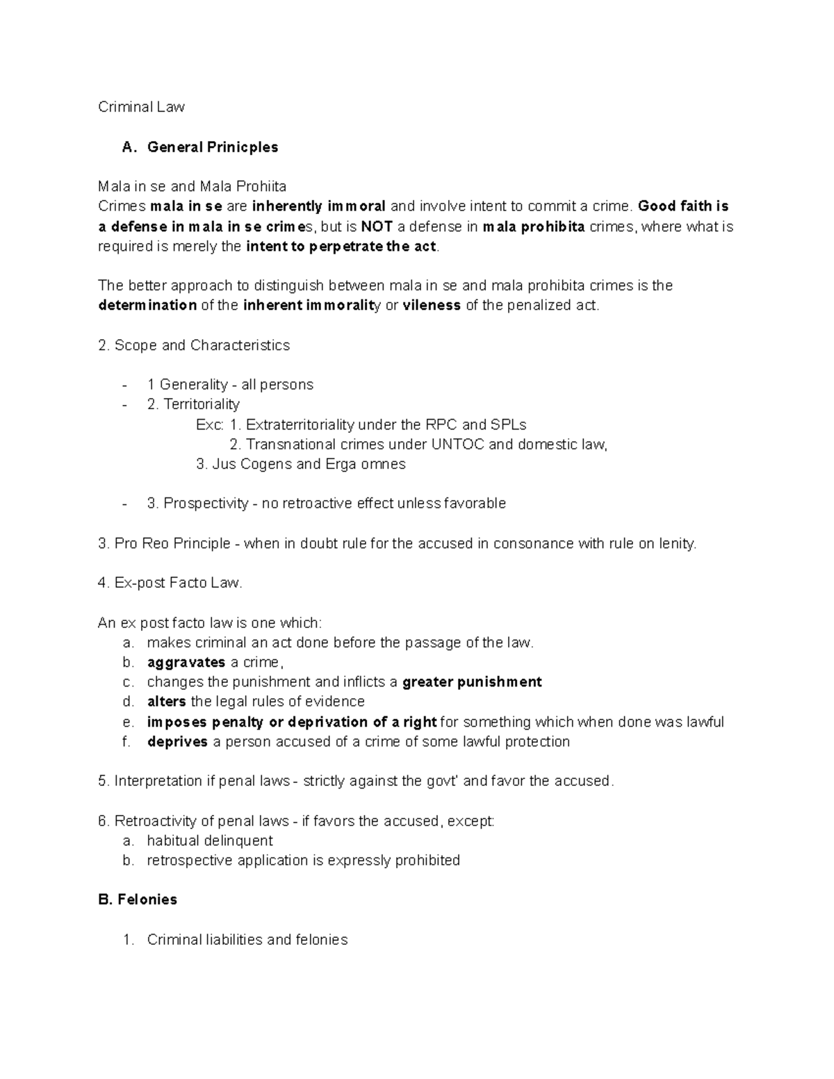 Criminal Law - Review Notes - Criminal Law A. General Prinicples Mala ...