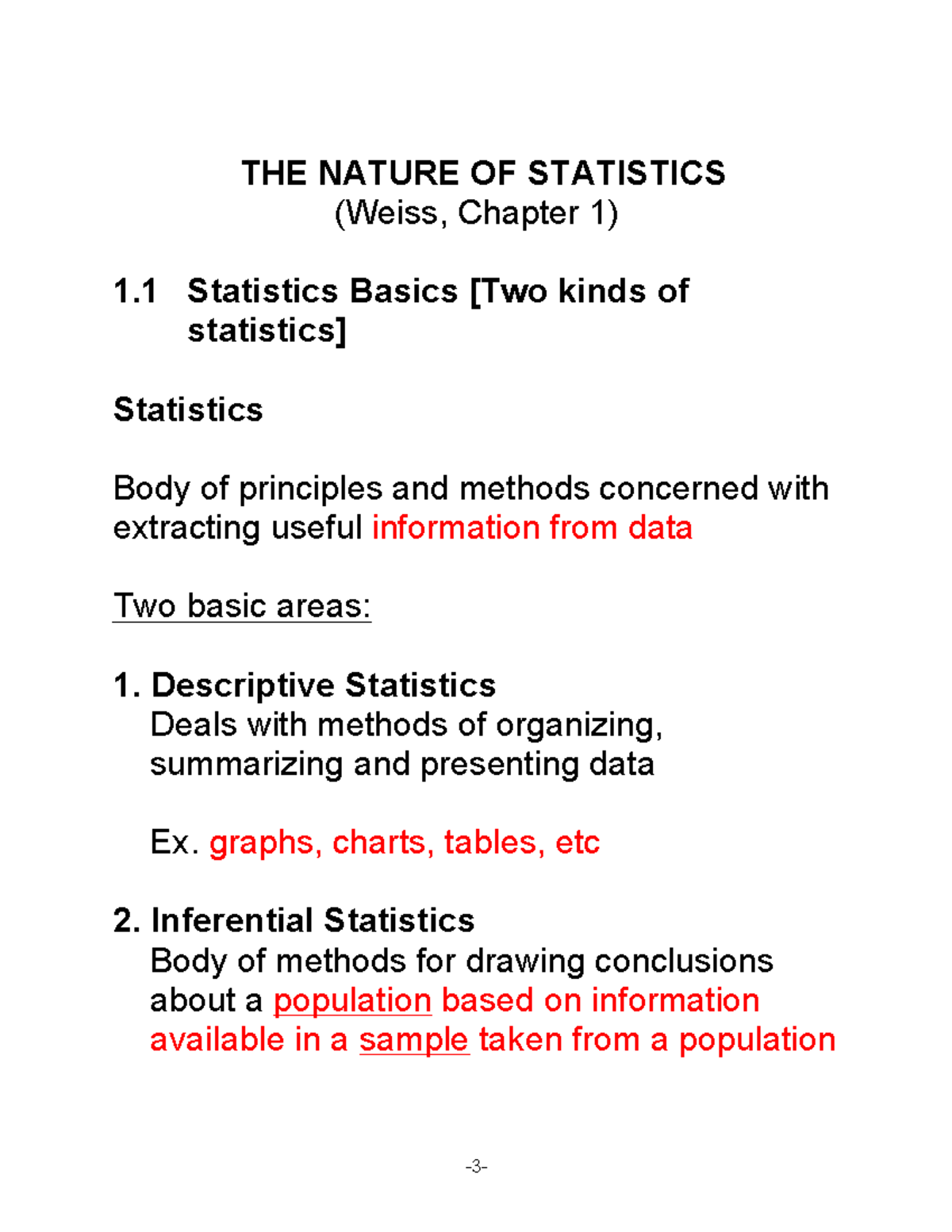 Chapter 1 intro notes Filled - THE NATURE OF STATISTICS (Weiss, Chapter ...