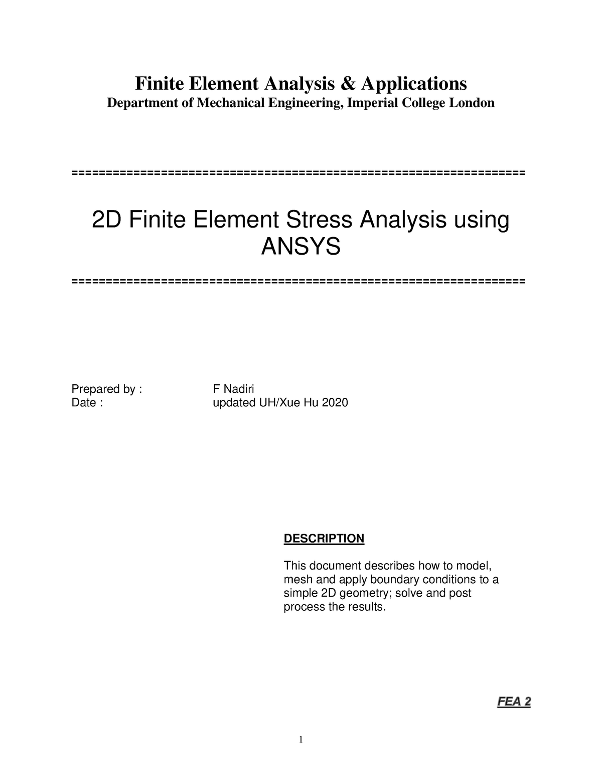 Task 2 Guide Notes - Finite Element Analysis & Applications Department ...