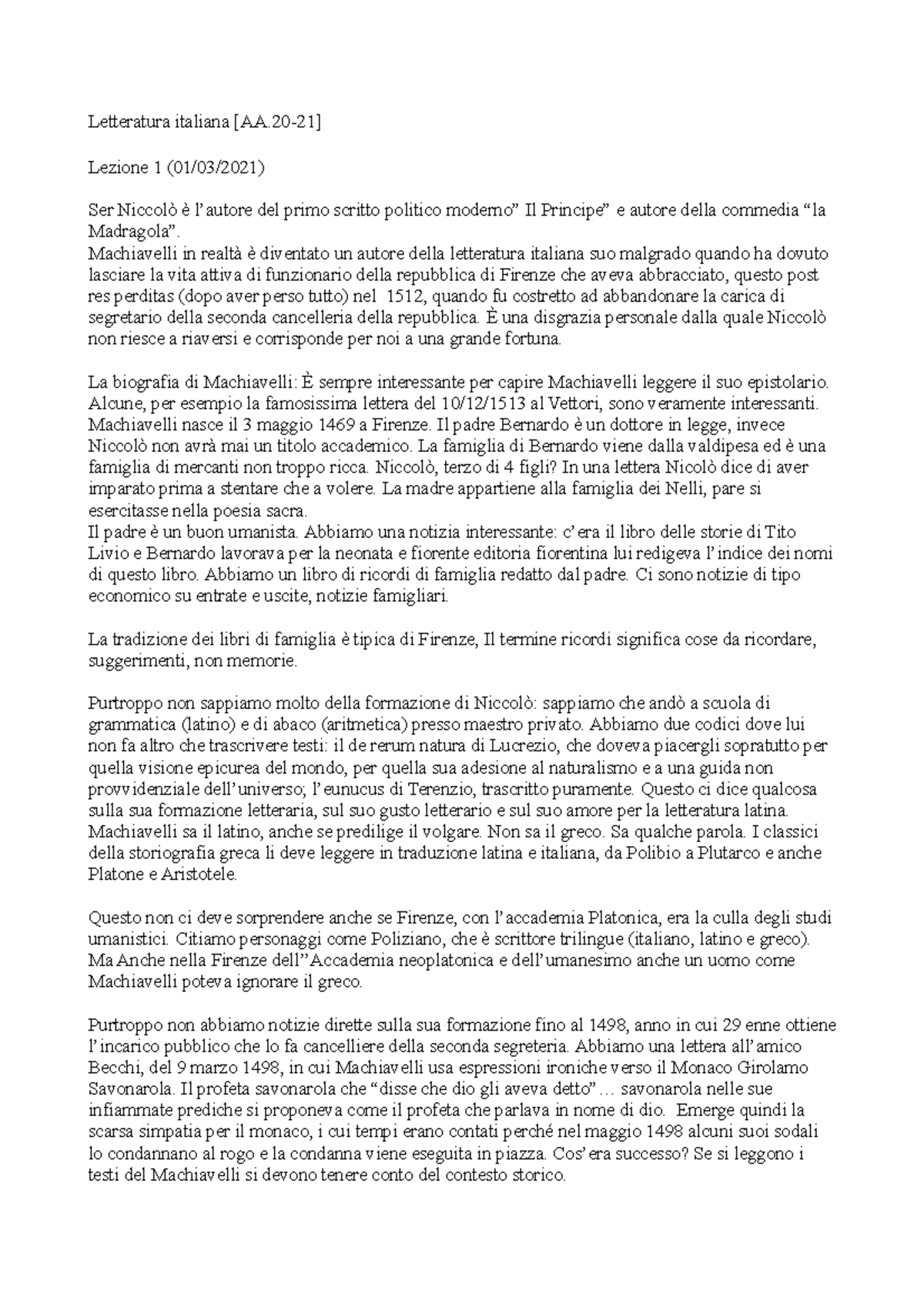 Letteratura italiana f Letteratura italiana [AA21] Lezione 1 (01/03