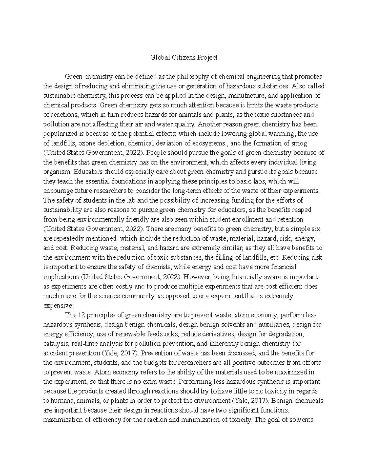 global citizens essay - Global Citizens Project Green chemistry can be ...