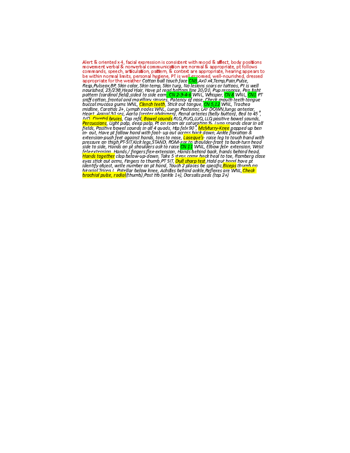 Note card - head to toe assesment - Alert & oriented x 4, facial ...